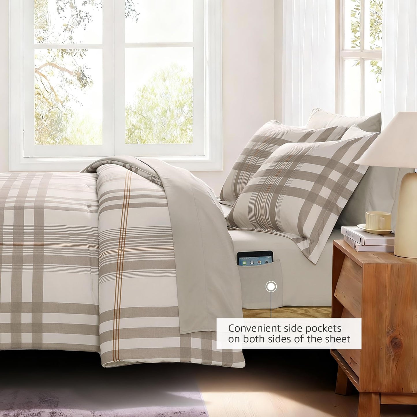 MaiRêve Queen Comforter Set Brown Grey, Classic Plaid Farmhouse Bedding Sets 7 Pieces, All Season Lightweight Bed in a Bag with Sheets, Pillowcases & Shams
