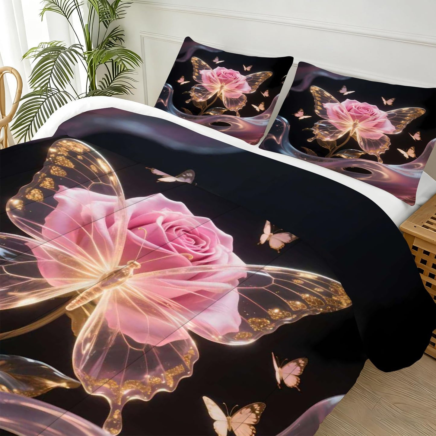 CERYUEE Butterfly Bedding Set Butterfly Twin Comforter Set for Girls Kids Woman 3D Pink Rose Flower Quilt for Bedroom Decor Black Cute Bedding 1 Comforter + 1 Pillow Case