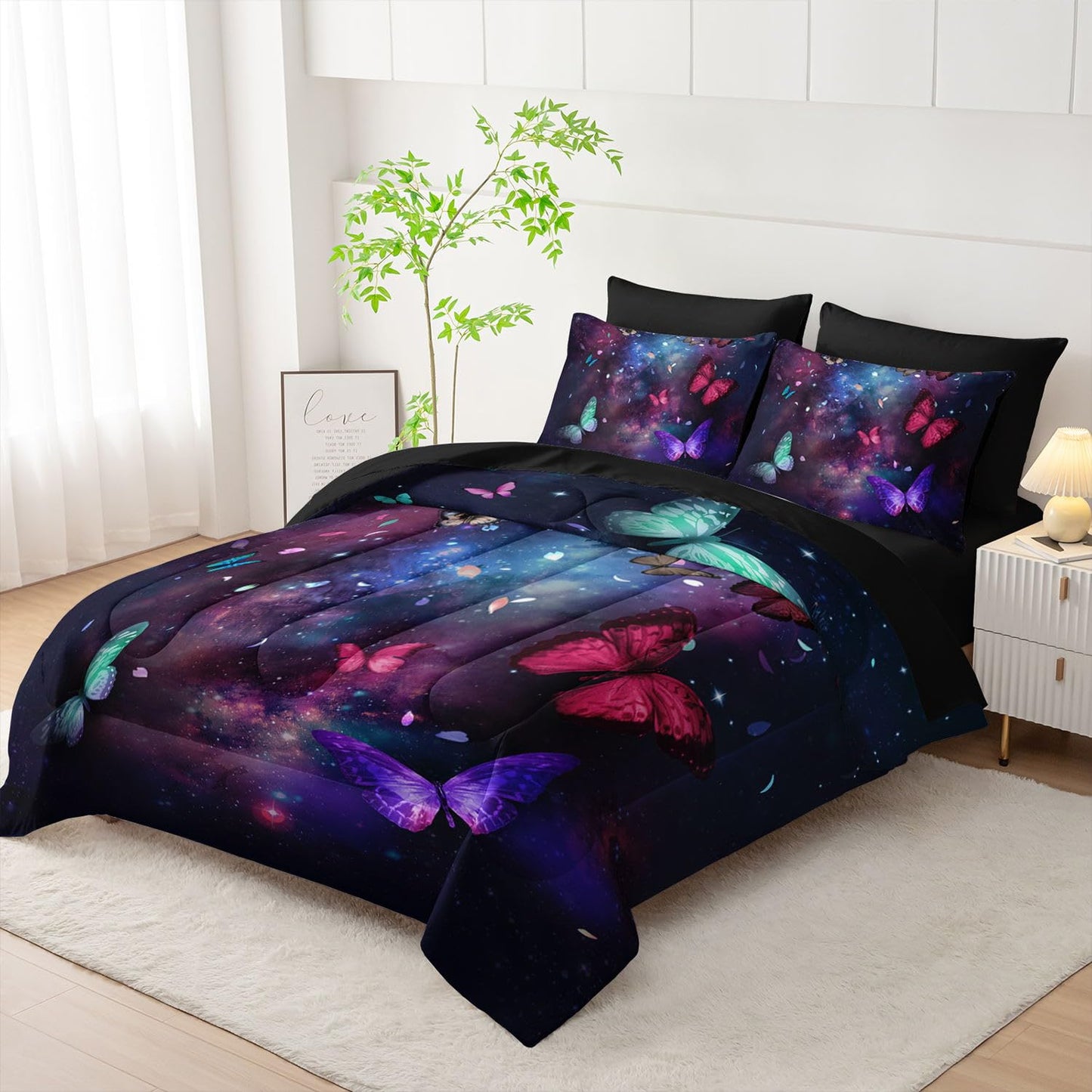 Smell Sunshine 7pcs Animals Comforter Set Purple Blue Dreamy Butterfly Printed Bedding Set with 1 Comforter, 1 Flat Sheet, 1 Fitted Sheet and 4 Pillowcases for Boys and Girls Bedroom (Twin