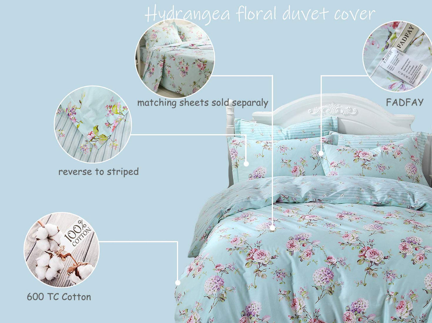 FADFAY Cotton Duvet Cover Set Full Size Blue Floral Bedding Set Super Soft Purple Hydrangea Flower Print Reverse to Striped Zipper Bed Cover French Countryside Girls Bedding 3 Pcs, Full