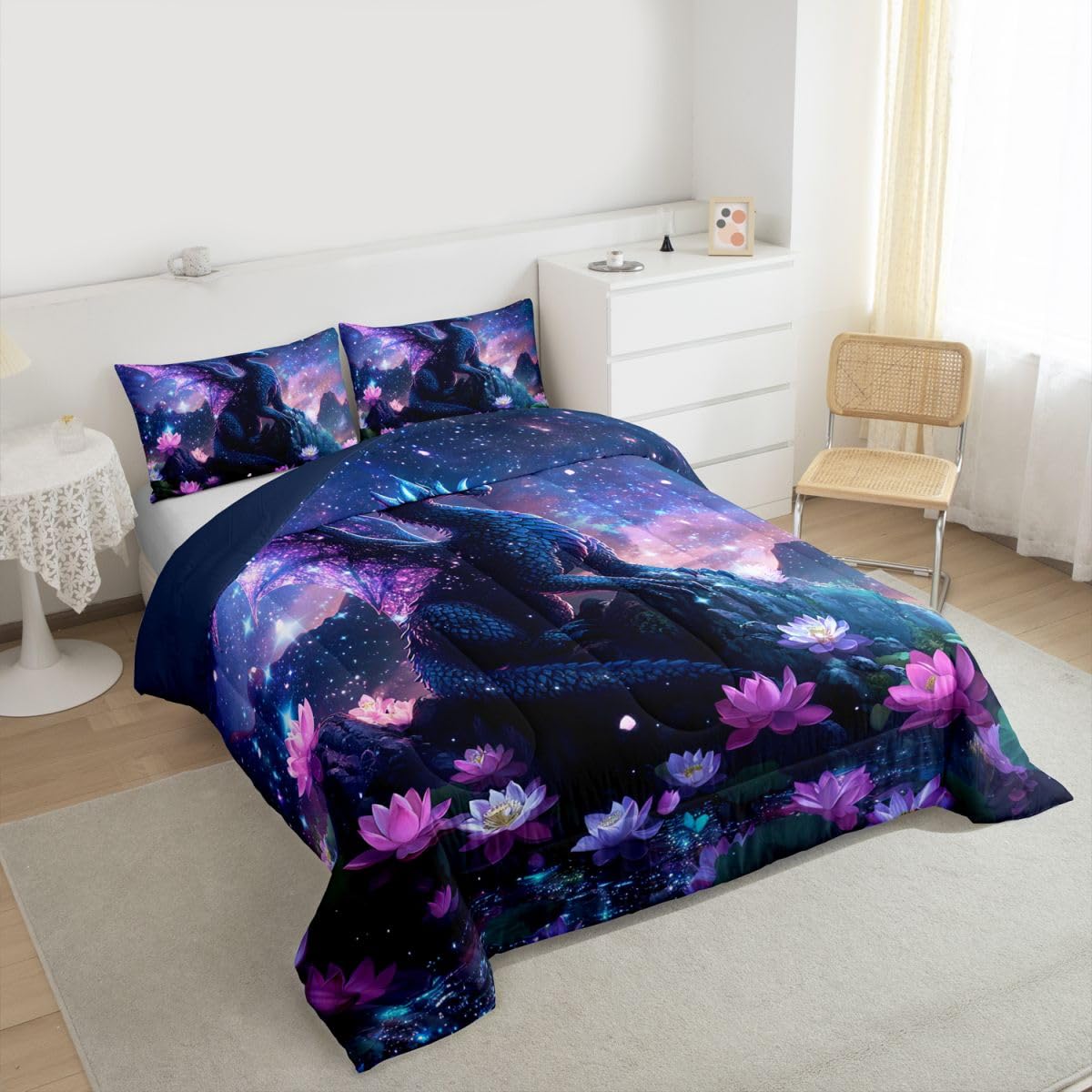 Feelyou Dragon Kids Comforter Set Twin Size Dragon Stuff Bedding Set Wild Life Duvet Quilt for Kids Boys Girls Bedroom Magic Wildlife Decor Blue Purply Ultra Soft Breathable