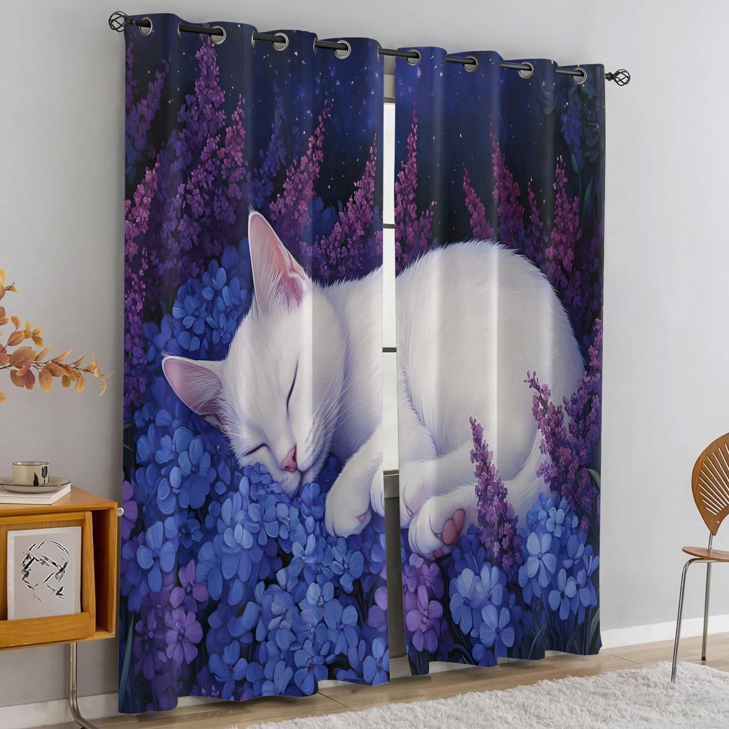 MPUTIE Cat Blackout Curtains 63 inch Length, Floral Cat Window Treatments for Bedroom, Grommet Curtains for Kitchen, Hydrangea Window Drapes, Animal Room Decor, 2 Panels