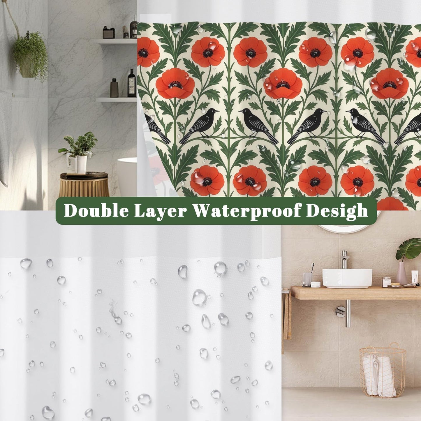 Xiazhilaio Gothic Floral & Bird Shower Curtain with Snap in Liner, 71Wx74L