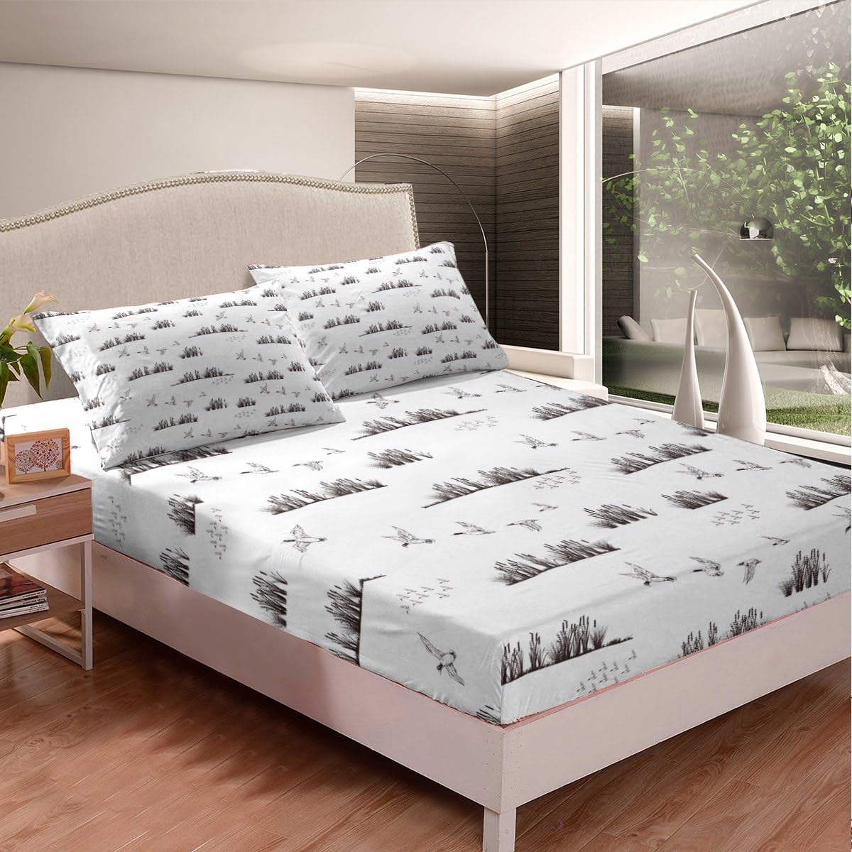 Hunting Duck Fitted Sheet Full Size,Sketch Duck and Lake Leaves Bedding Set for Kids Boys Men Teens Cabin Room Decor,Rustic Farmhouse Animals Bed Sheet Grey White Deep Pocket Sheet,2 Pillowcases
