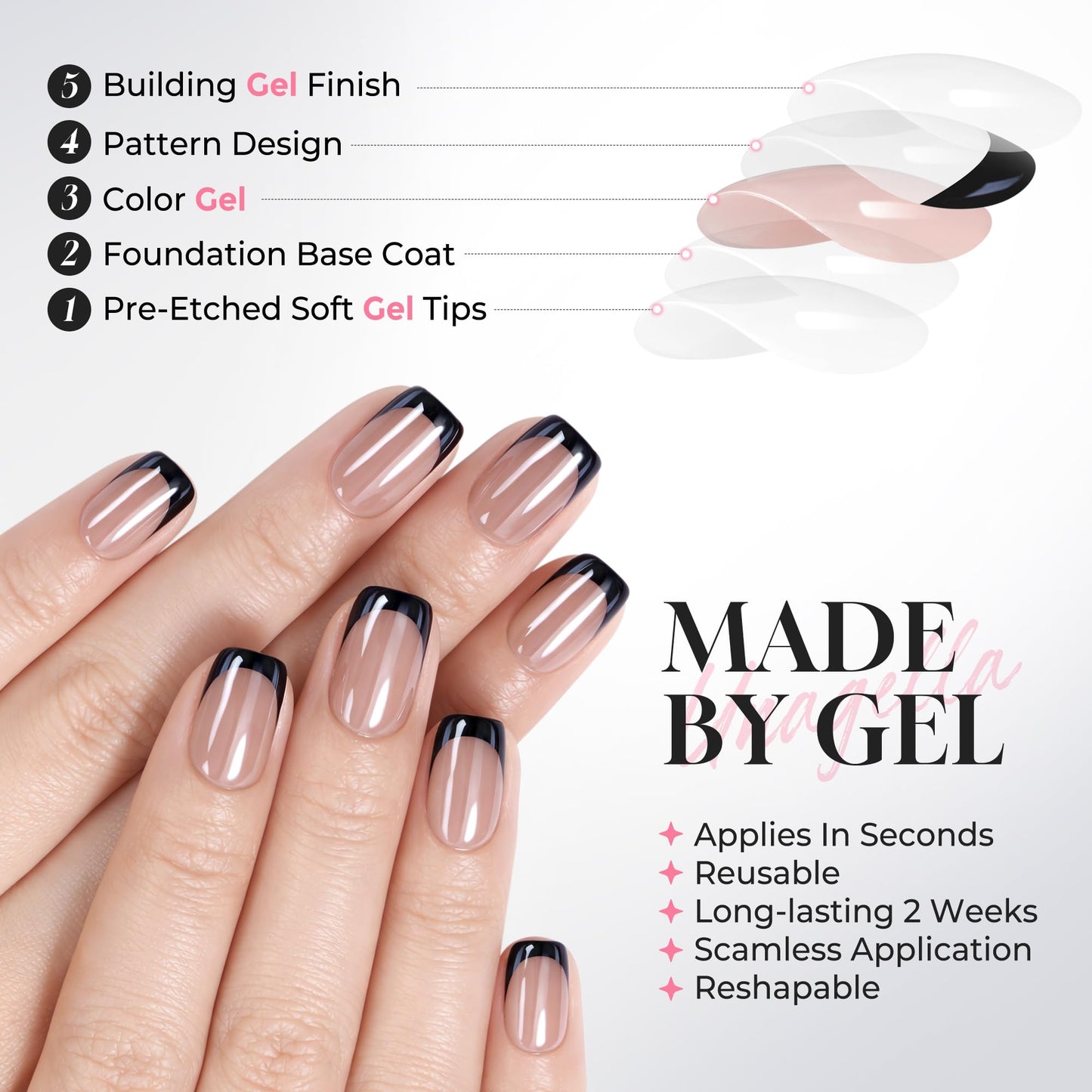 UNA GELLA 32Pcs Soft Gel Press on Nails - 16 Sizes Black Chrome Mirror French Tip Short Square Glue on Nails, Reusable Metallic Black False Nails, Acrylic Nail Kit for Women DIY Home Manicure