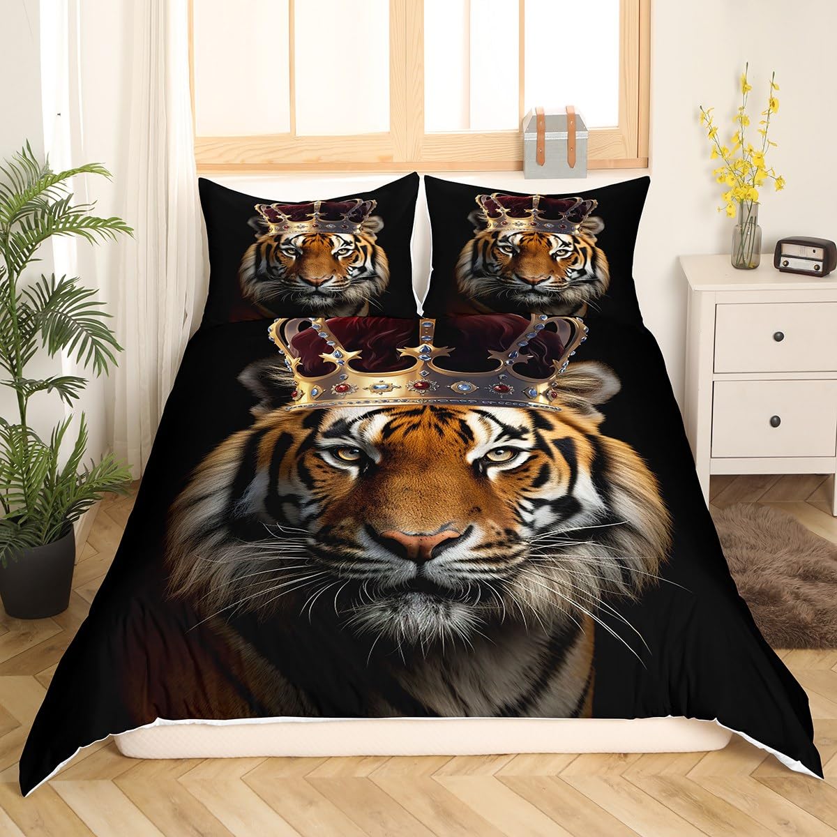 Homewish Wild Tiger Duvet Cover Set Full Size,3D Wildlife African Tropical Animal Comforter Cover with 2 Pillowcases,Golden Crown Print Black Breathable Bedspread for Boys Teens