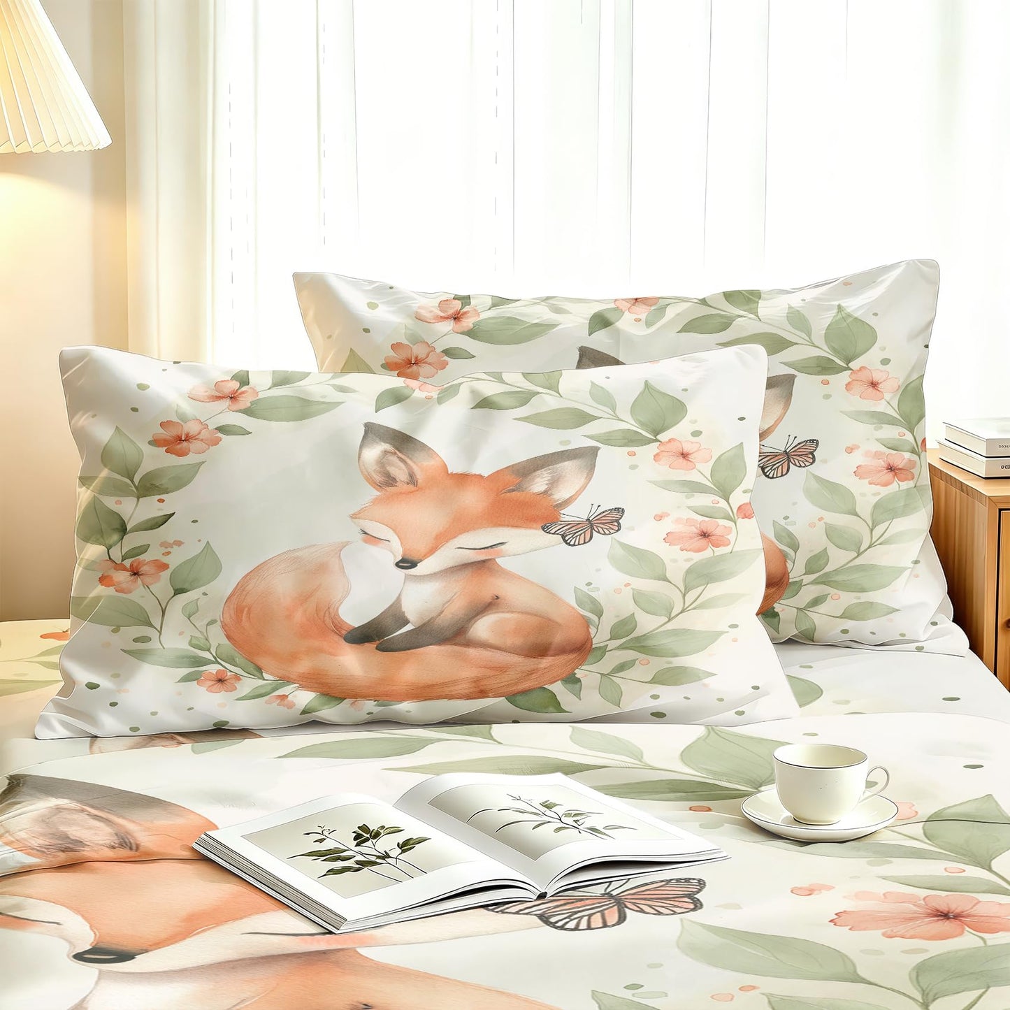 Fox Twin Sheet Set Butterfly Leaf Flat Fitted Sheet Sets