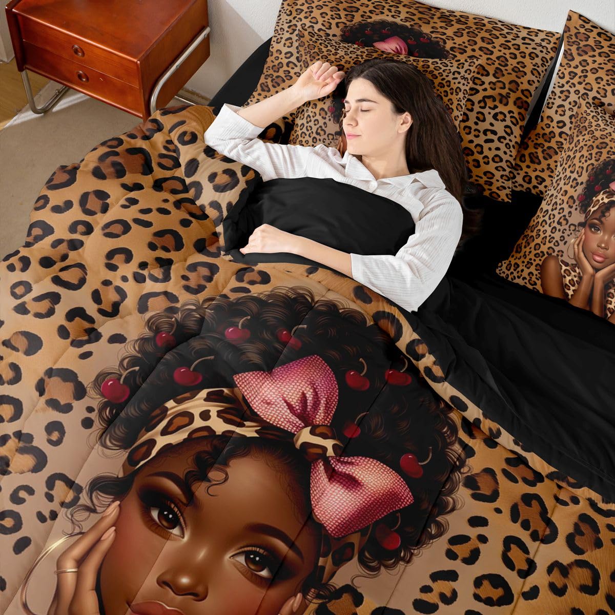Erosebridal Bowknot Black Girls Queen Bedding Set Aesthetic Leopard Print Comforter Set with Flat and Fitted Sheet Teen Woman Animal Print 7-Piece Bed in a Bag Cute Red Cherry Quilt Sets