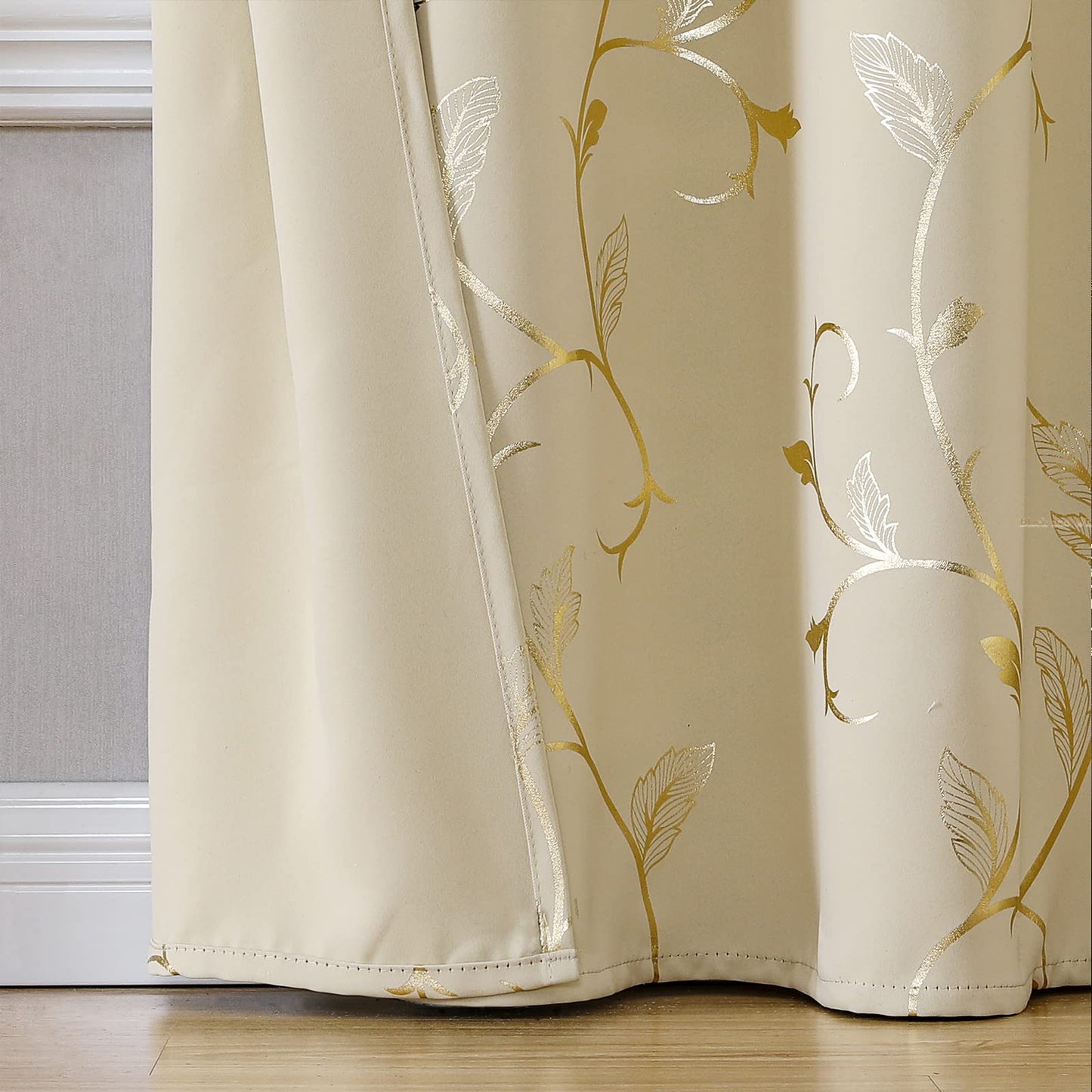 BUHUA Blackout Curtains Gold Foil Print Flower Vine Grommet Drapes, Room Darkening Thermal Insulated Curtains, Noise Reducing Blackout Curtain for Bedroom, Beige, 38Wx72L, 2 Panels
