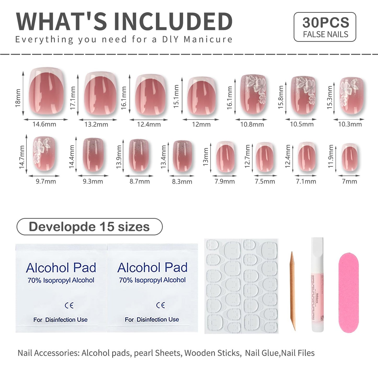 Mivota Short Square Press On Nails White Nude Gradient False Nails with White Silver Flowers Acrylic Press in Nails Gel Stick On Nails Set Glue on Nail for Women & Girls 24Pcs
