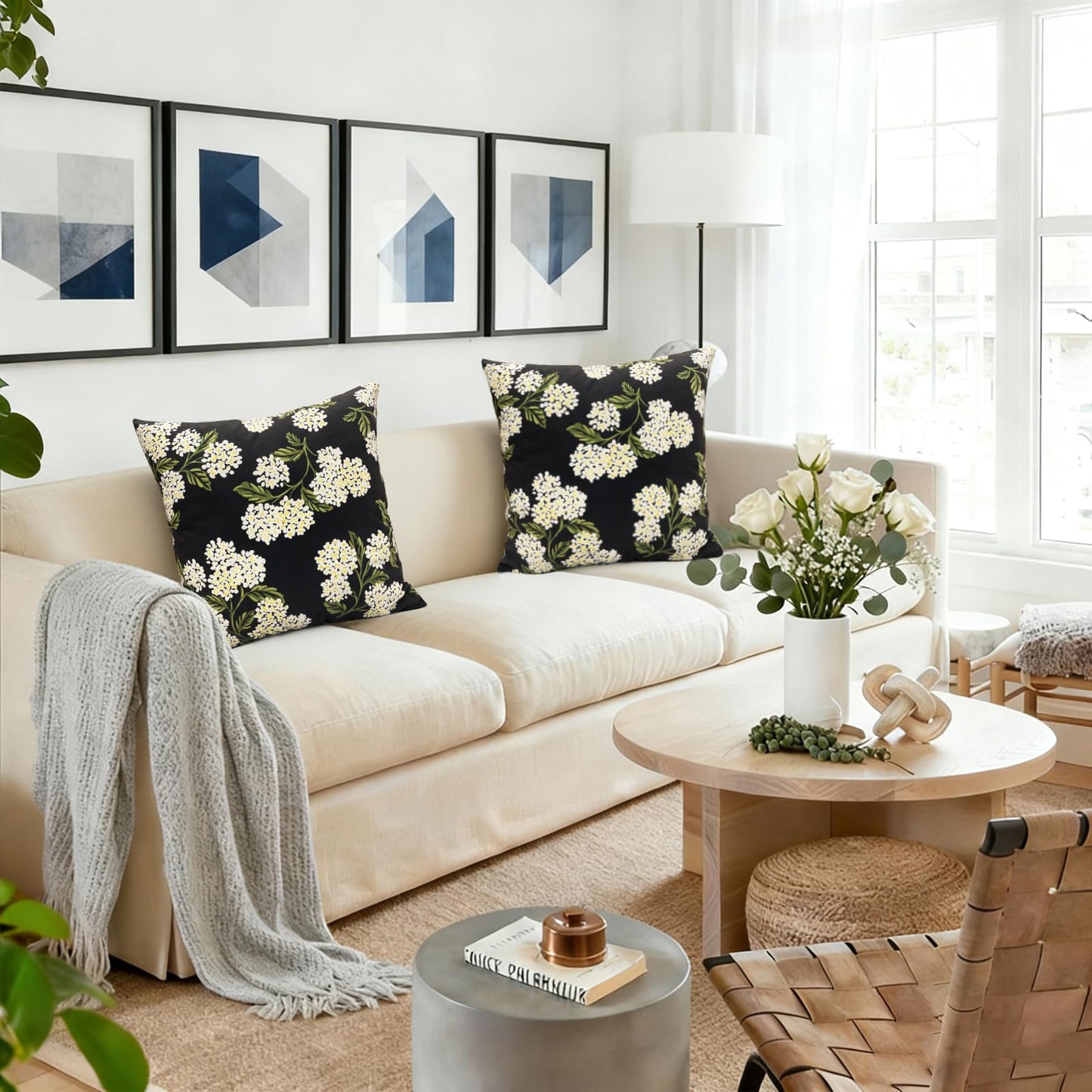 RYSMIYOU Decorative Throw Pillow Covers 18x18 inch Set of 2, Super Soft Black Hydrangea Print Farmhouse Pillow Cases Outdoor Pillow Covers for Couch Sofa Bed Living Room Home Decor Cushion Covers