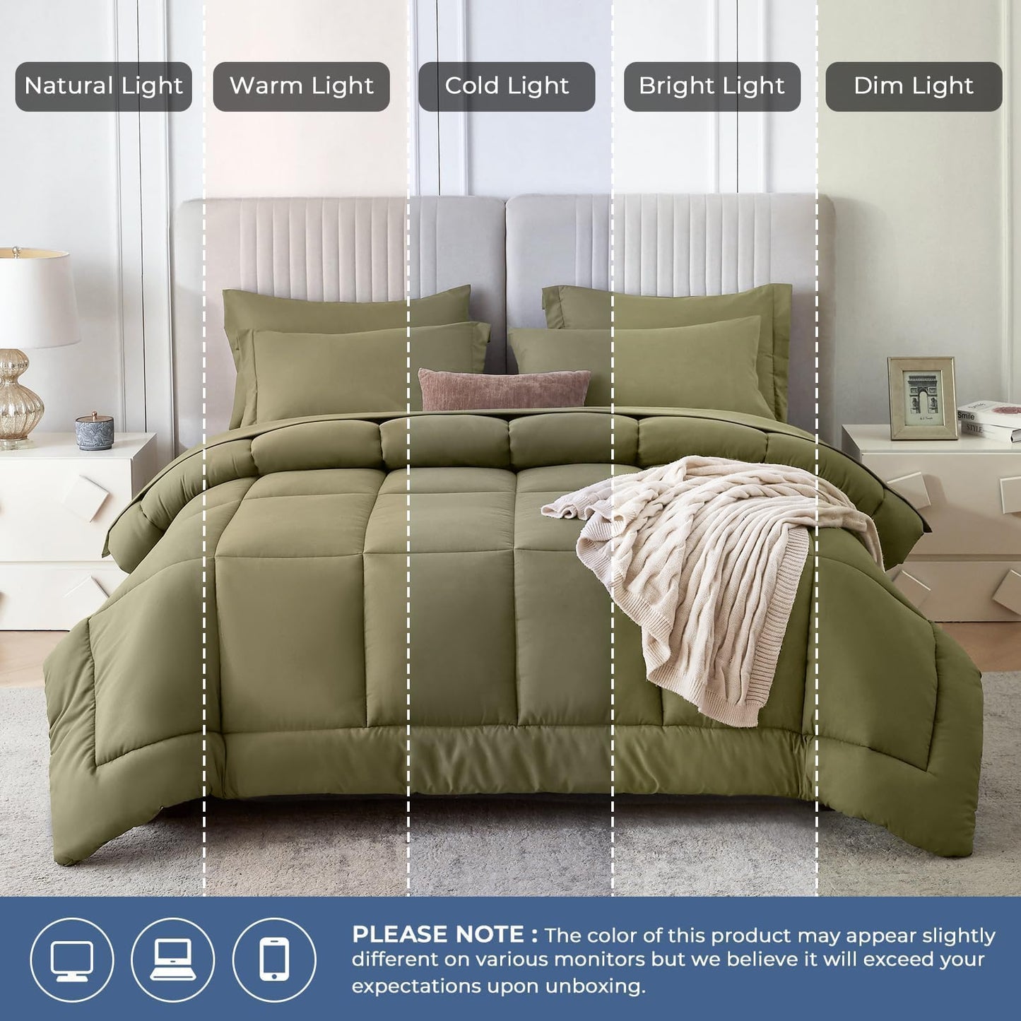Sasttie Queen Comforter Set, 7 Pieces Bed in a Bag Queen, Complete Bedding Set Includes Comforter, Flat Sheet, Fitted Sheet, Pillowcases and Pillow Shams, Olive