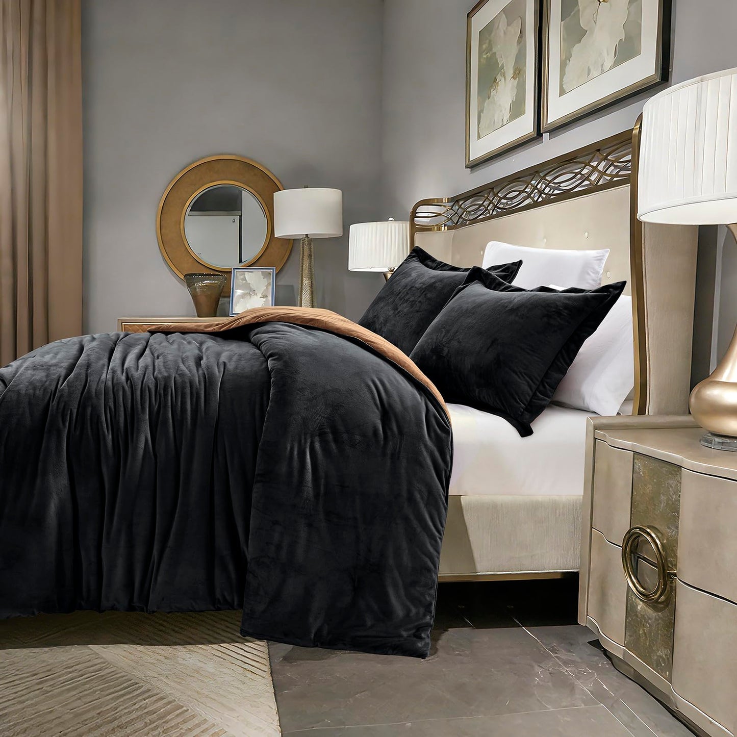 HUMESIIL Reversible Comforter Set, Poly Plush Fabric for Both Front and Reverse, with Downalternative Fill, 3 Pieces King 106"x96", Black Caramel