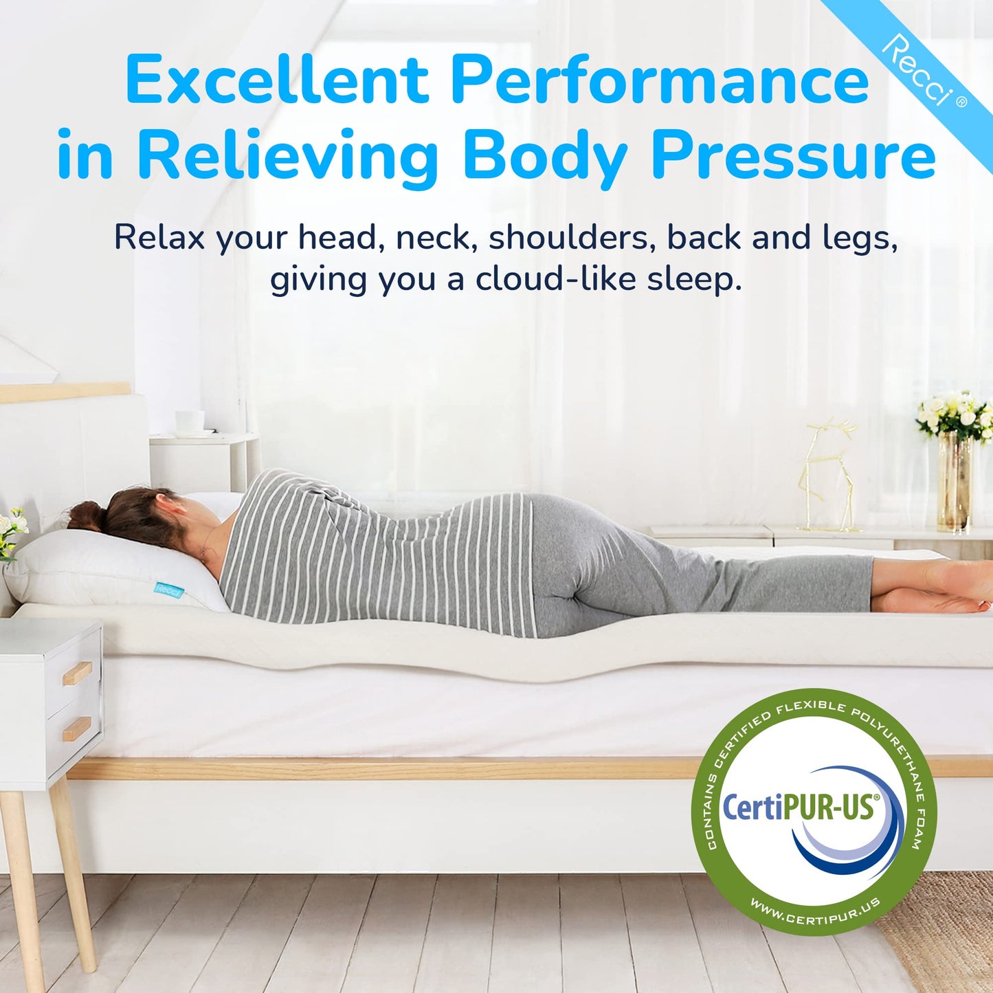 RECCI 3 Inch TwinXL Memory Foam Mattress Topper, College Dorm Pressure-Relieving Mattress Topper for Back Pain, Non-Slip Design with Removable & Washable Cover, CertiPUR-US Certified, TwinXL Size