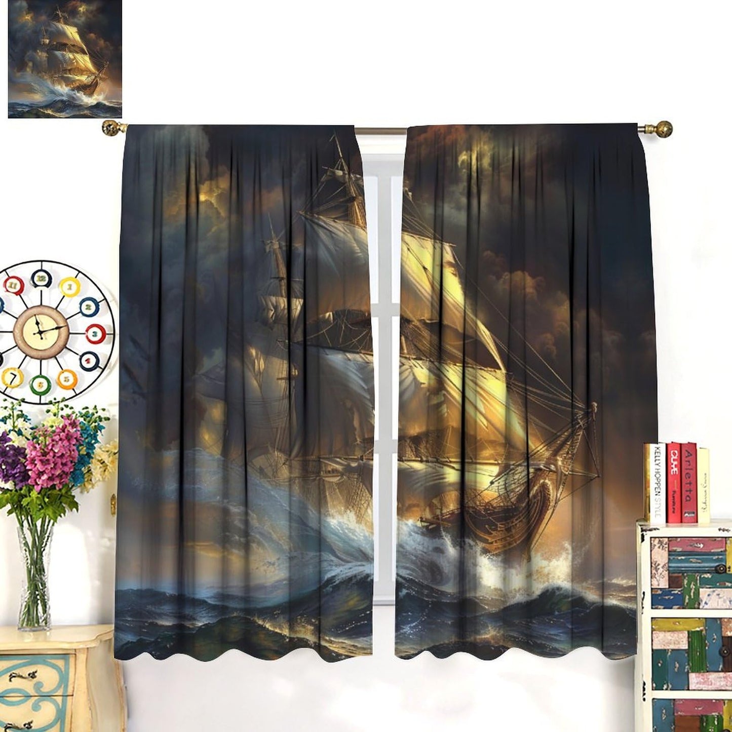 TOWINSFB Retro Ship Ocean Wave Blackout Curtains for Bedroom Living Room, Classic Nautical Sailboat Thermal Insulated Room Darkening Curtain - 42" W x 45" L