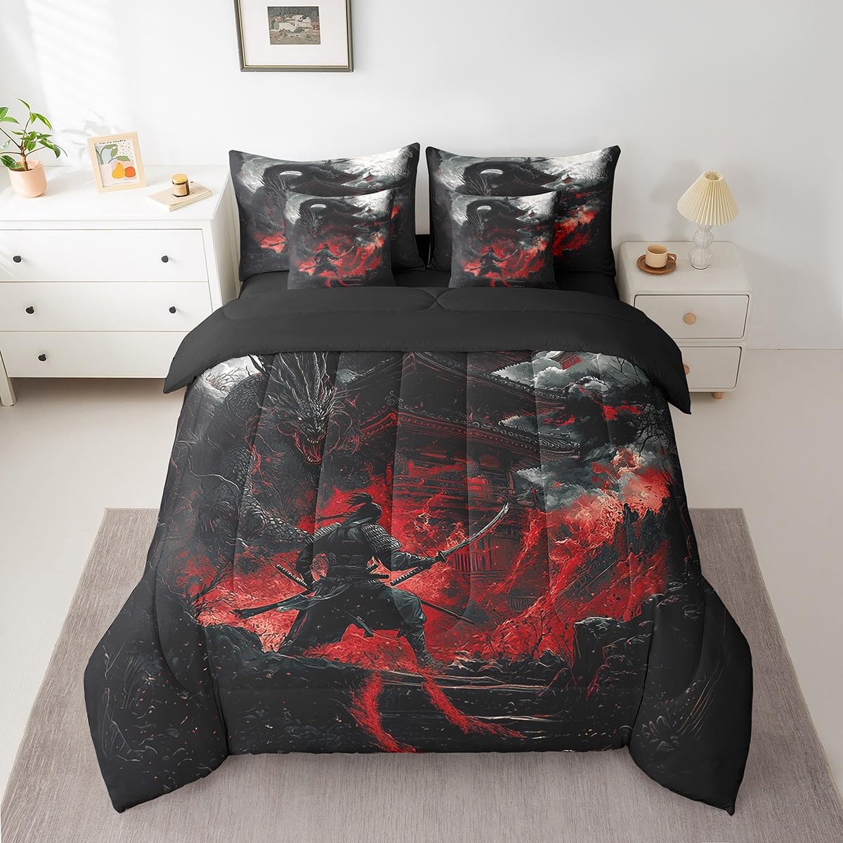 Feelyou Dragon Comforter Set with Sheets Twin Size Japanese Style Bed in a Bag for Boys Girls Teens Samurai 7 Pieces Bedding Set Dragon Decor Bed Set Room Decor Black Red
