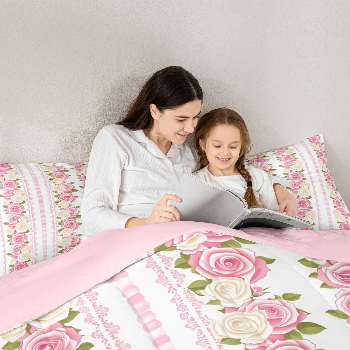 jejeloiu Pink Rose Comforter Set All Season Romantic Flower Floral Bedding Set with 1 Pillow Cases Farmhouse Microfiber Kids Toddler Bedclothes Bedroom Decor Duvet Quilt Breathable Soft Lightweight