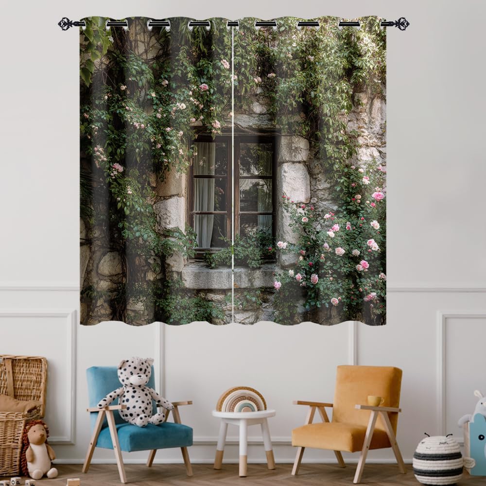 XSUPFLYM Modern Watercolor Stone House Privacy Blackout for Living Room Curtains Retro Oil Painting Spring Garden Plant Ivy Floral Pattern Curtains Top Grommets Window Treatment 2 Panels 21"W x 45"L