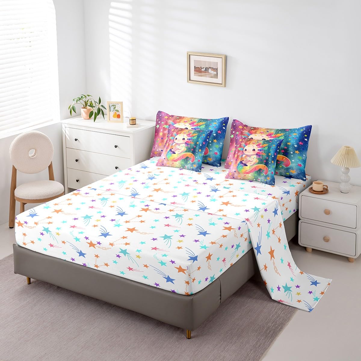 Feelyou Kids Cute Axolotl 7 Pieces Bedding Set Twin Size, Cartoon Animal Bed in A Bag Boys Girls Kawaii Ocean Sealife Comforter Set with Sheets Rainbow Teens Bed Set Bedroom Decor 7Pcs