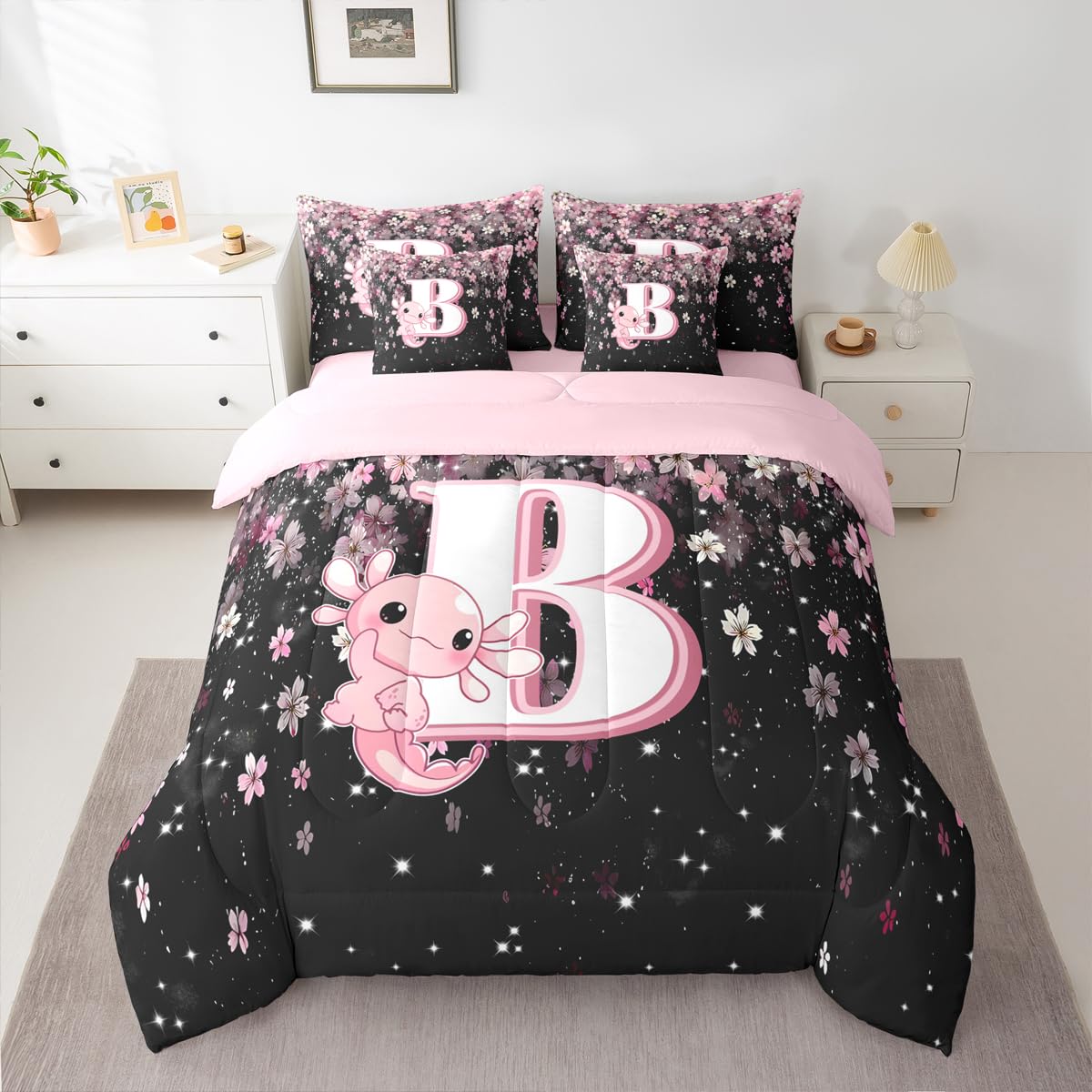 Erosebridal 7 Pieces Cute Letter Initial B Bedding Set Twin Size | Cute Axolotl Comforter Set with Sheets for Kids Girls Teens Pink and White Cherry Blossom Quilt Sets Kawaii Axolotl Bed in A Bag