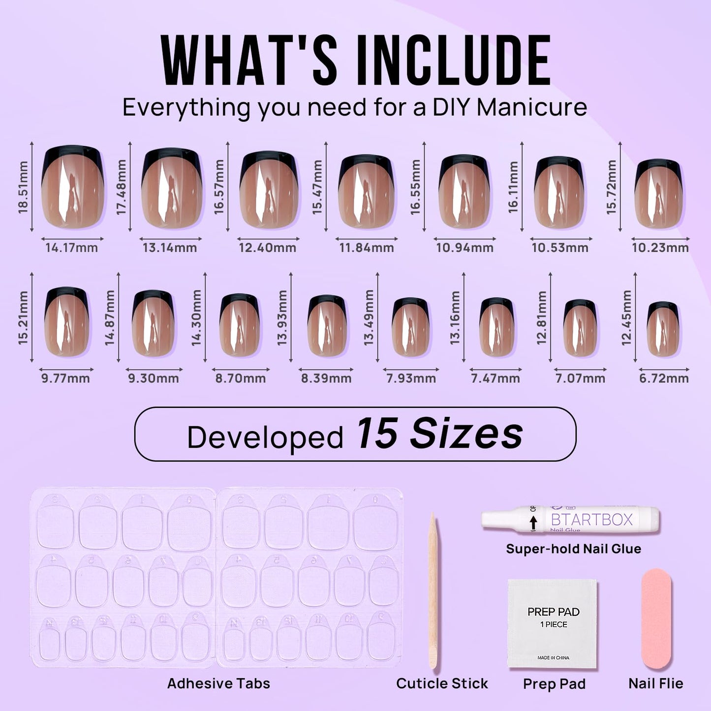 BTArtbox Press on Nails Short Square - Black Chrome French Tip Press On Nails, Glazed Glue On Nails for Women Gifts, Natural Stick On Nails in 15 Sizes - 30 Fake Nails Kit, Braveheart