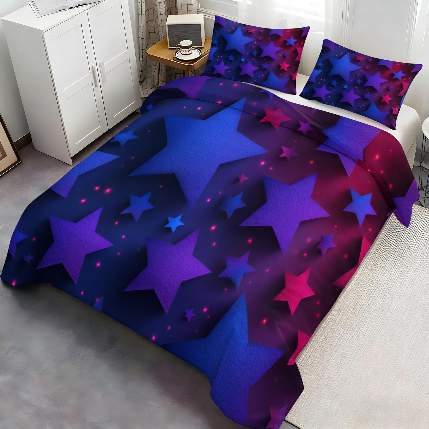 ZAOMIR Blue Purple Stars Duvet Cover Queen Size, Colorful Dark Bedding Set 3 Piece, Neon Lights Stars Patterned Comforter Cover with Zipper Soft Microfiber, 2 Pillowcases