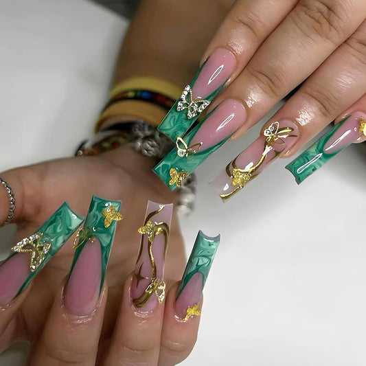 MERVF Long Press on Nails Square Fake Nails Green French Tip Glue ons Nail with 3D Gold Butterfly Design Squoval Acrylic Luxury Supplies Art DIY Manicure Glossy 24pcs