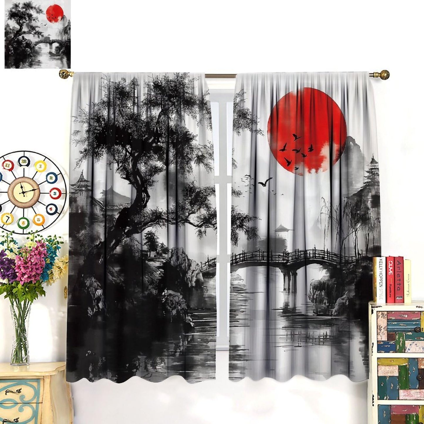 XBDDZSW Japanese Asian Curtain Watercolor Black Red Chinese Mountain Sun Tree Scenery Ink Pattern Print Bedroom Living Room Rod Pocket Window Drapes 2 Panels W42xL45 Inch Decor