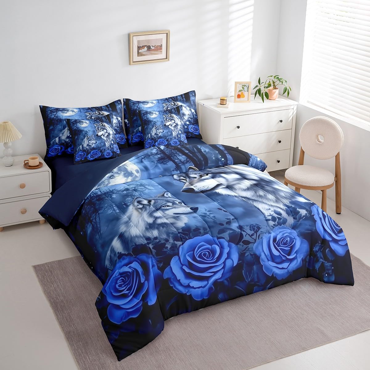 Erosebridal Wolf Couple Bedding Set Moon Blue Rose Flower Bed in A Bag with Sheets for Kids Adults Men Women,Woodland Animal Twin Comforter Set 7 Piece Tree Branches Wildlife Bed Set Bedroom Decor