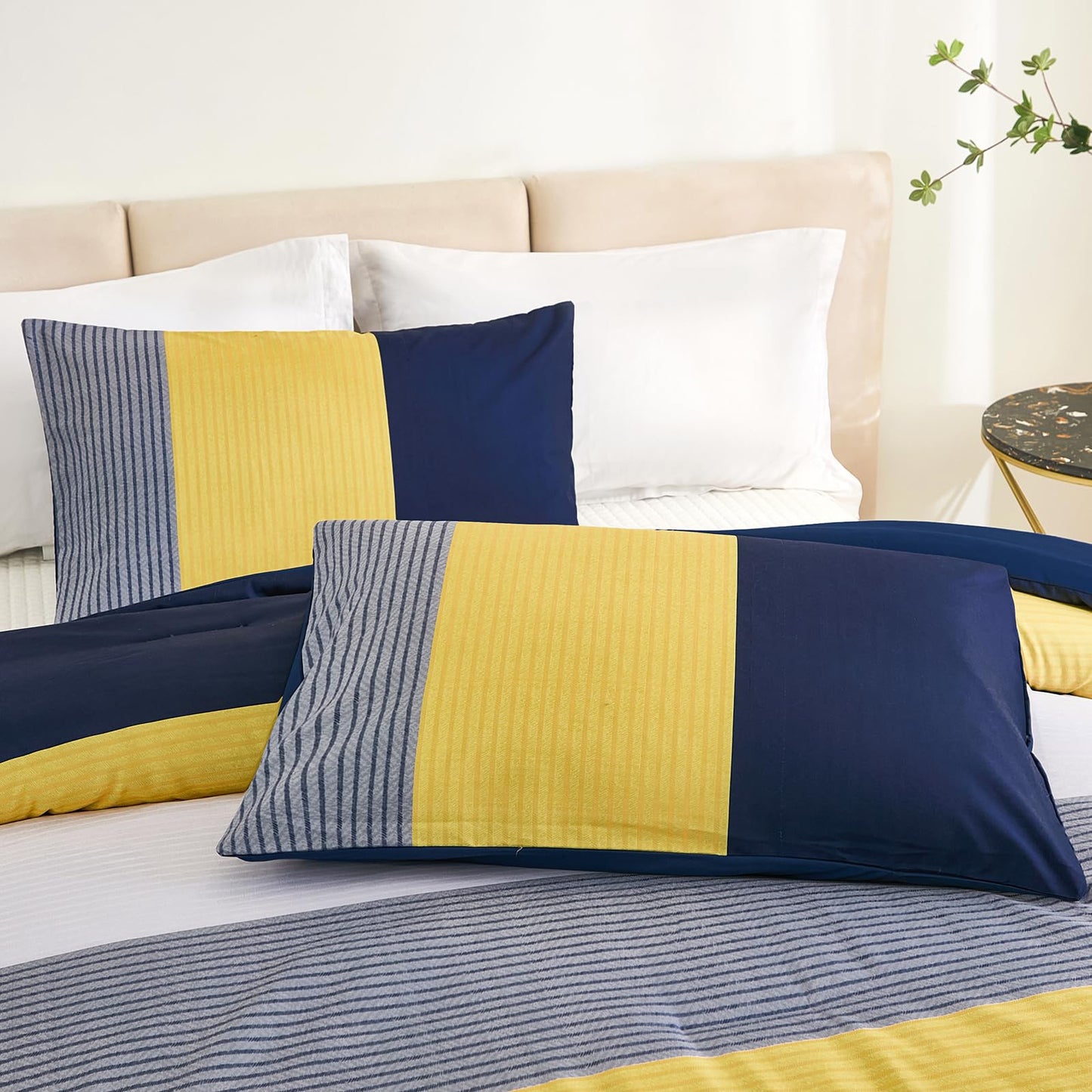 WONGS BEDDING Comforter Set Queen, Reversible Blue Striped Patchwork Down Alternative Comforter for Queen Bed,3 Pieces (1 Comforter+2 Pillowcases), Soft Microfiber Bedding Duvet Insert Set 90"×90"