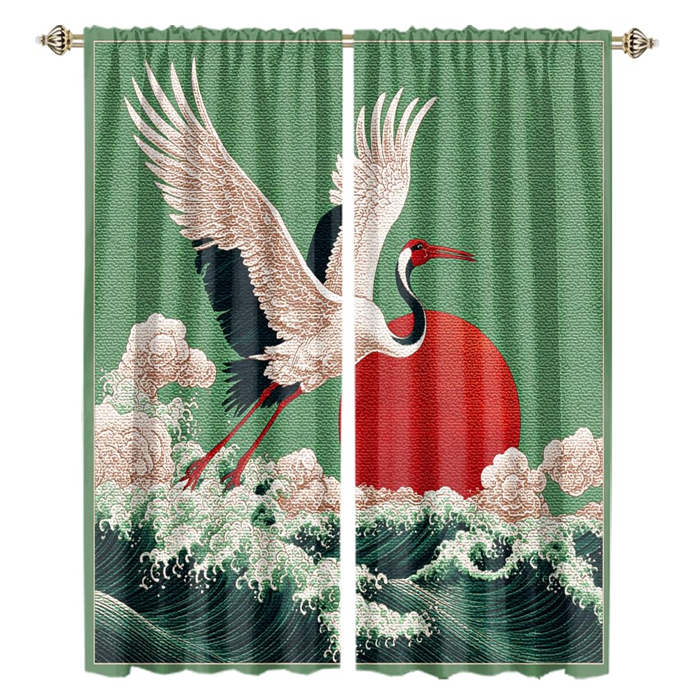 XSUPFLYM Retro Japanese Animal Crane Blackout Curtain for Living Room Modern Art Wildlife Crane Red Sun Nautical Ocean Waves Thermal Insulated Curtain for Bedroom 2 Panels Each 21" W x 54" L