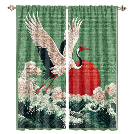 XSUPFLYM Retro Japanese Animal Crane Blackout Curtain for Living Room Modern Art Wildlife Crane Red Sun Nautical Ocean Waves Thermal Insulated Curtain for Bedroom 2 Panels Each 21" W x 54" L
