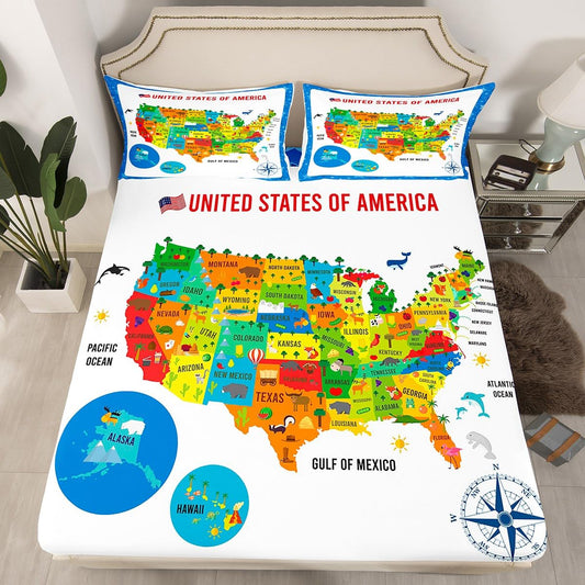US Geography Bedding Set Twin Size, Geography USA Map Bed Sheet Set for Kids Boys Girls Teens Learning Educational Fitted Sheet Educational Map Bed Cover 2Pcs (No TOP Sheet)