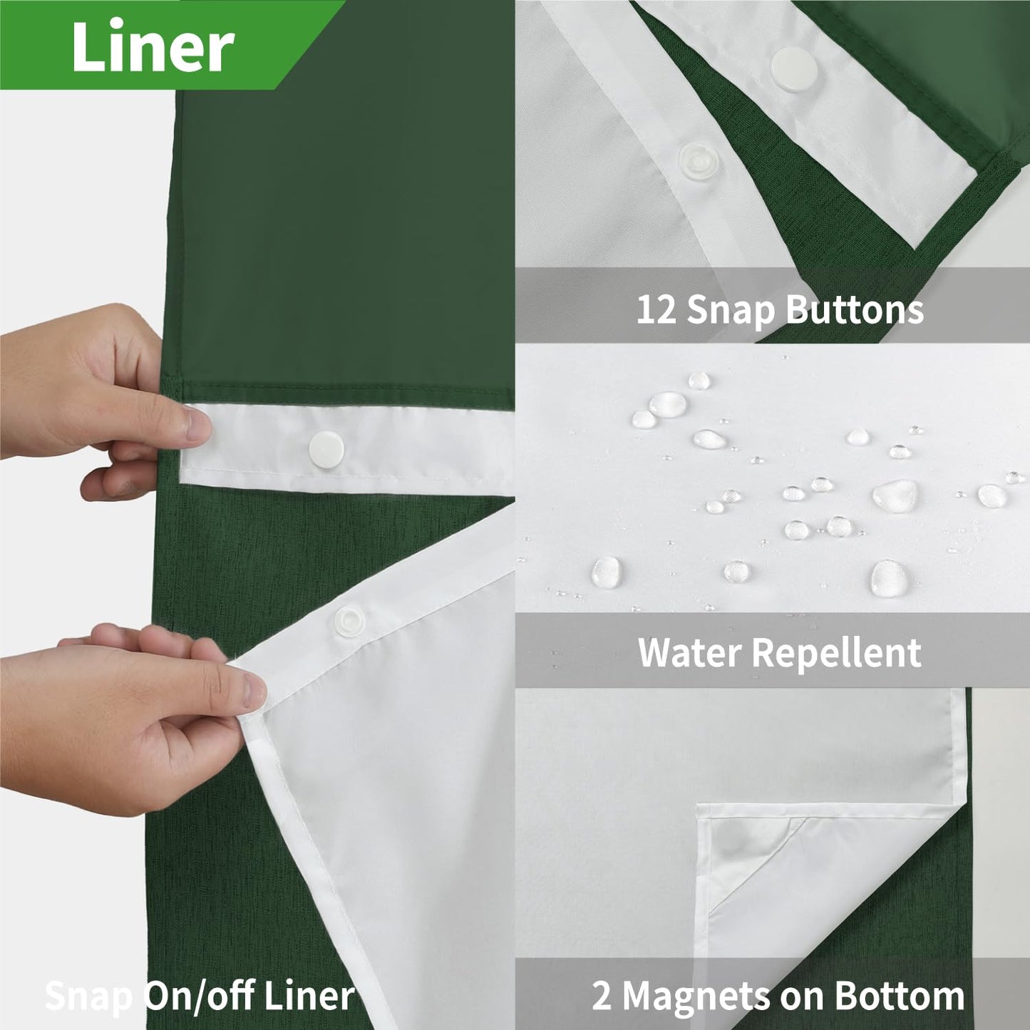 eachope No Hooks Needed Linen Textured Shower Curtain with Snap-in Fabric Liner Set,Hotel Luxury Decor Shower Curtains for Bathroom with Mesh Top Window,Waterproof & Washable,71Wx74H,Emerald Green