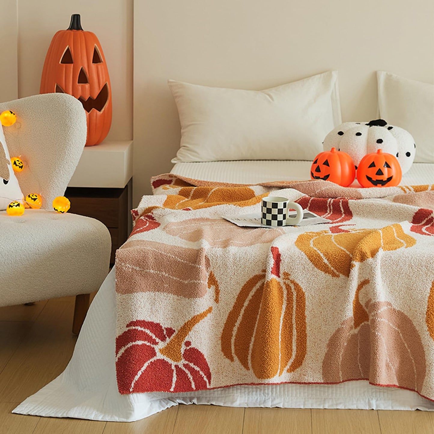 Pumpkin Throw Blanket for Couch 50x70 Fall Halloween Blankets, Soft Cozy Reversible Textured Fleece Fluffy Blanket for Bed Sofa Autumn Home Decor