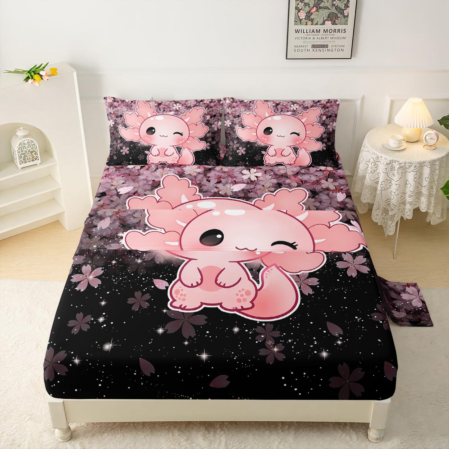 QOOMO Kawaii Axolotl Bedding for Boys and Girls Pink Cherry Blossom Super Soft Kids Bedding Set Sparkling Stars Breathable Room Decoration Twin Size 1 Fitted Sheet, 1 Flat Sheet, 2 Pillow Cases