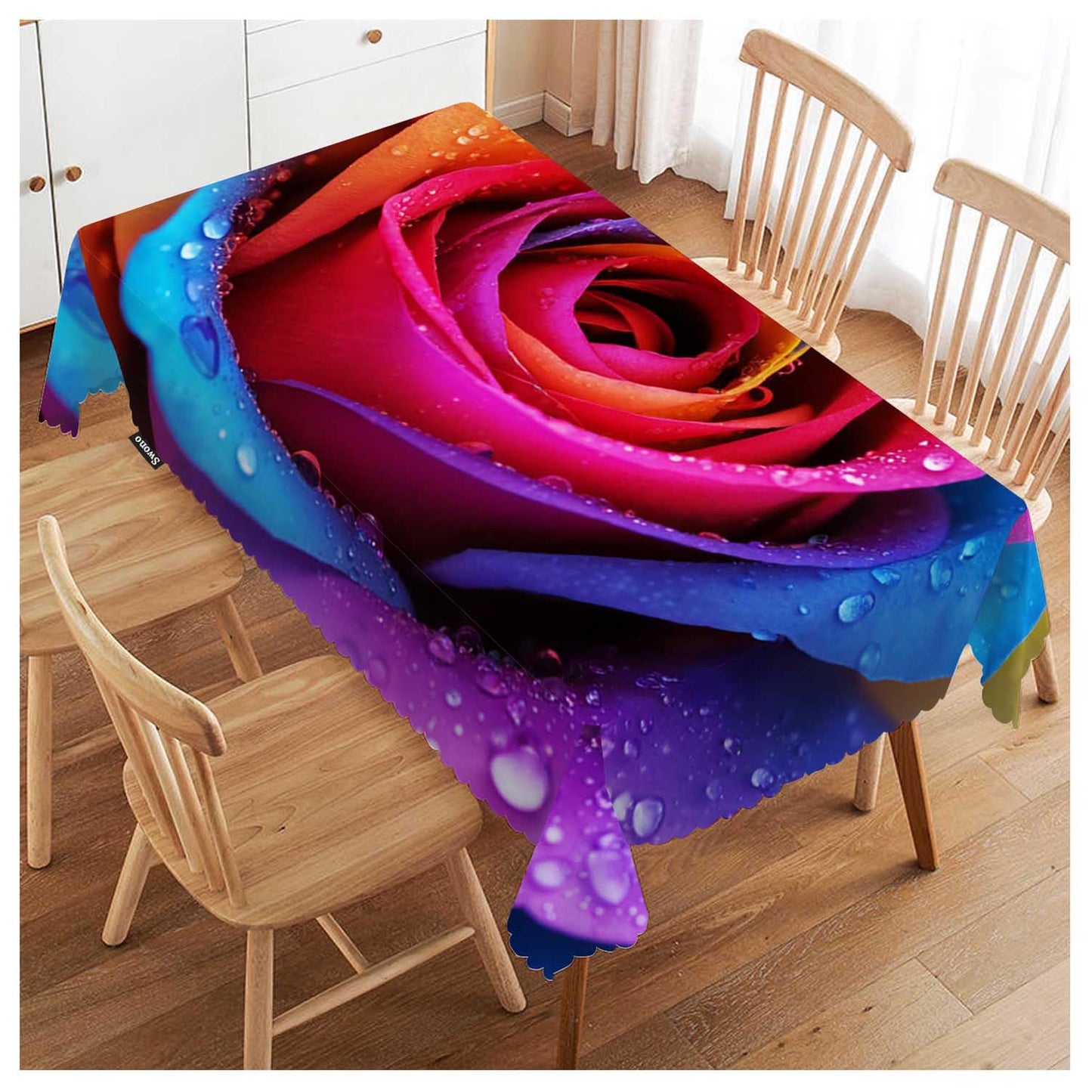 Swono Rose Table Cover Colorful Rose Flowers with Water Drops 50x72 Inch Table Cloth Kitchen Dinning Tablecloth for Rectangle Tables Buffet Parties Coffee BBQ Weddings