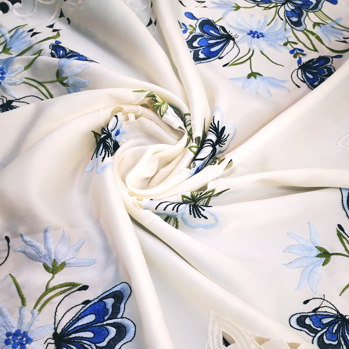 LeLehome 33 Inch Embroidery Square Tablecloth, Blue Butterfly Beige Vintage Classic Lace Floral Dining Small Table Cloth Cover