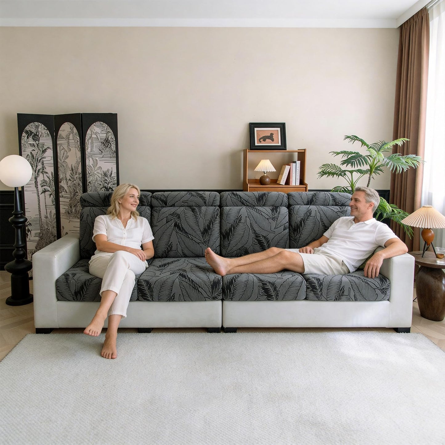 VOGOL Stretch Sofa Cushion Cover, Tropical Botanical Leaf Print Couch Slipcover for 2 or 3 Seater, High Elasticity Furniture Protector, 25x53 Inches, 1 Piece, Gray