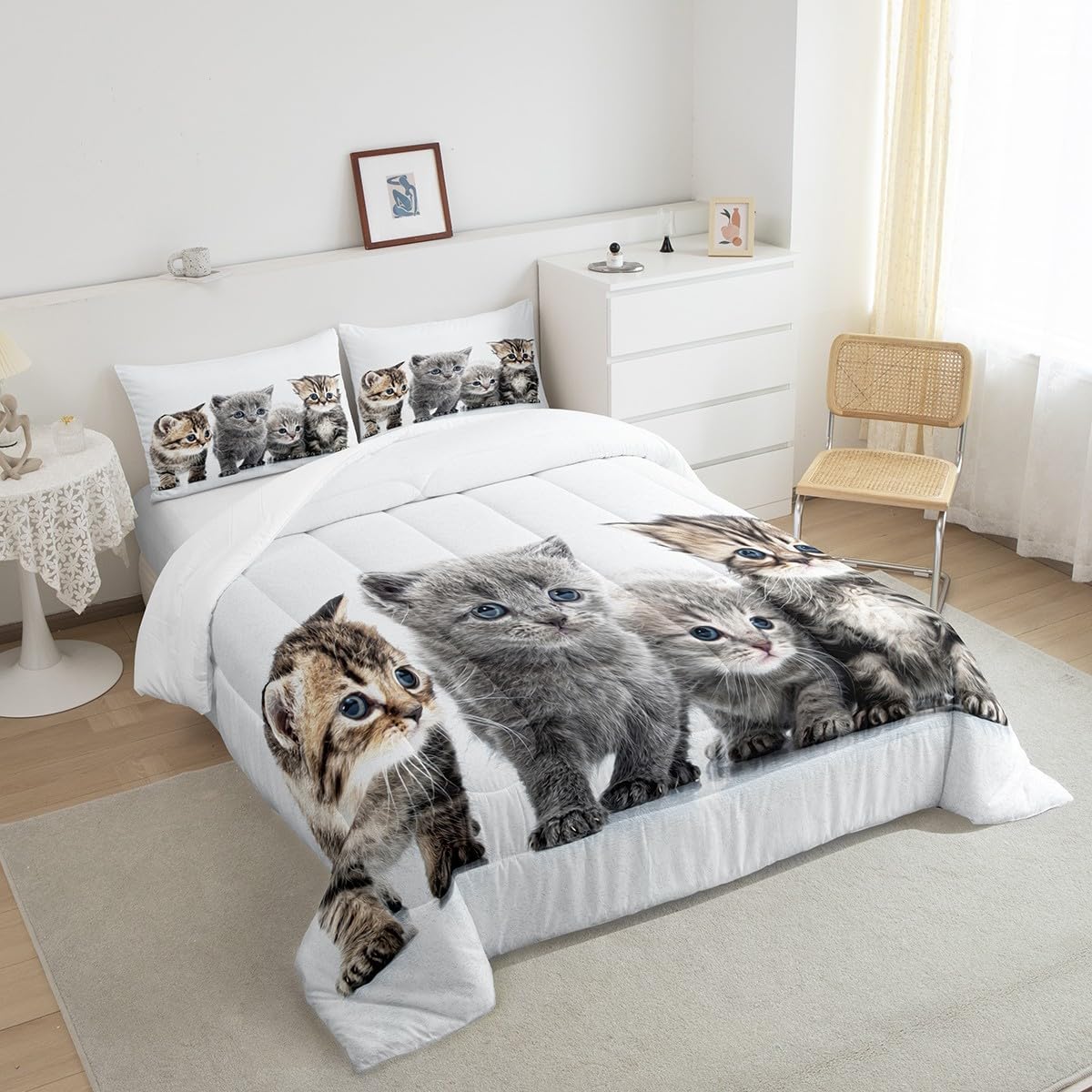 Feelyou Little Cat Bedding Set Lovely Pet Cats Comforter Cat Lover's Animal Themed Design Comforter Set for Boys Girls Kids Room Decor Cute Kitten Print Duvet Set Twin Size with 1 Pillow Case