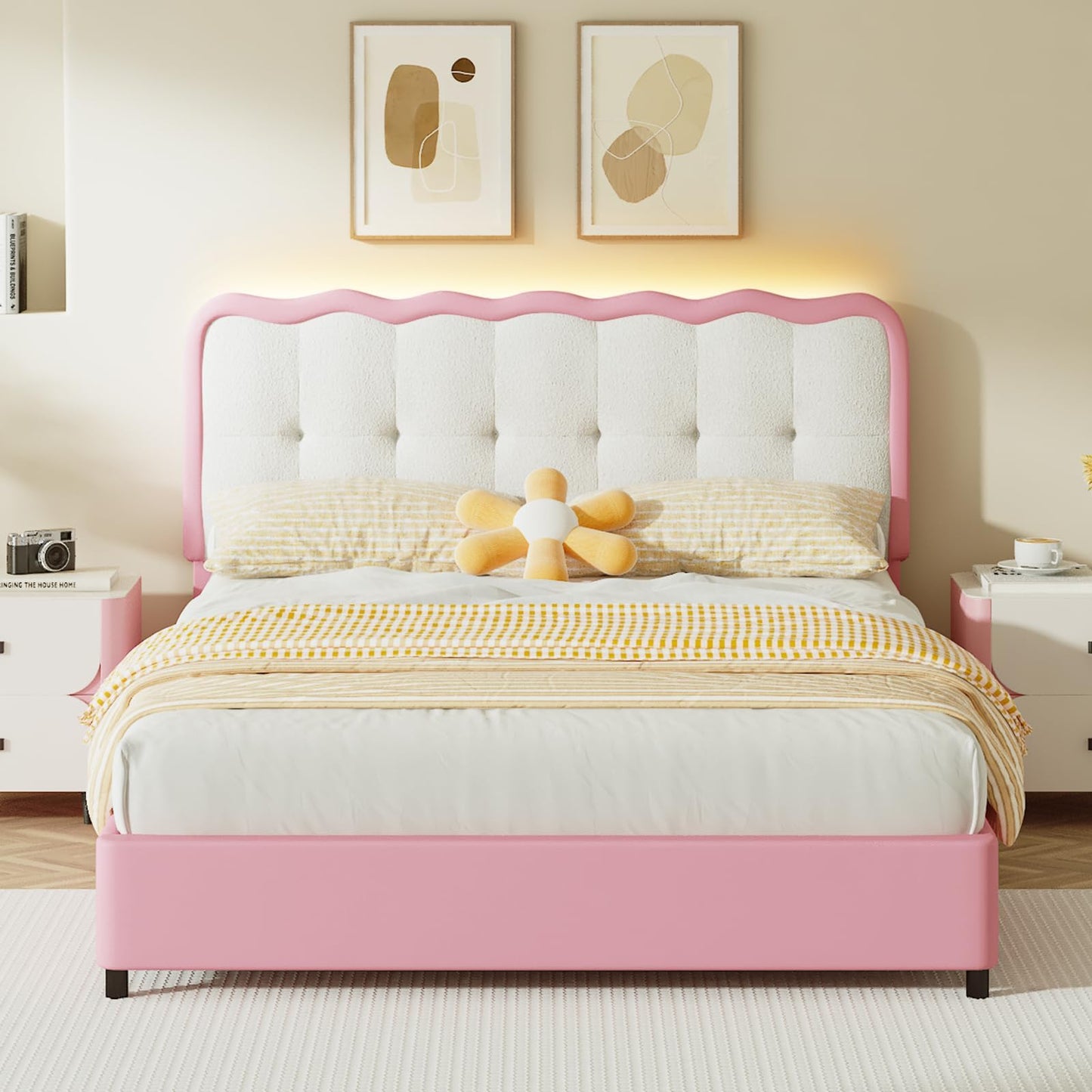 BarnFurin Queen Bed Frame, Upholstered Platform Bed with Cloud Headboard, Modern Bed Frame with Anti-Collision Soft Design, No Box Spring Required, Easy Assembly, Pink