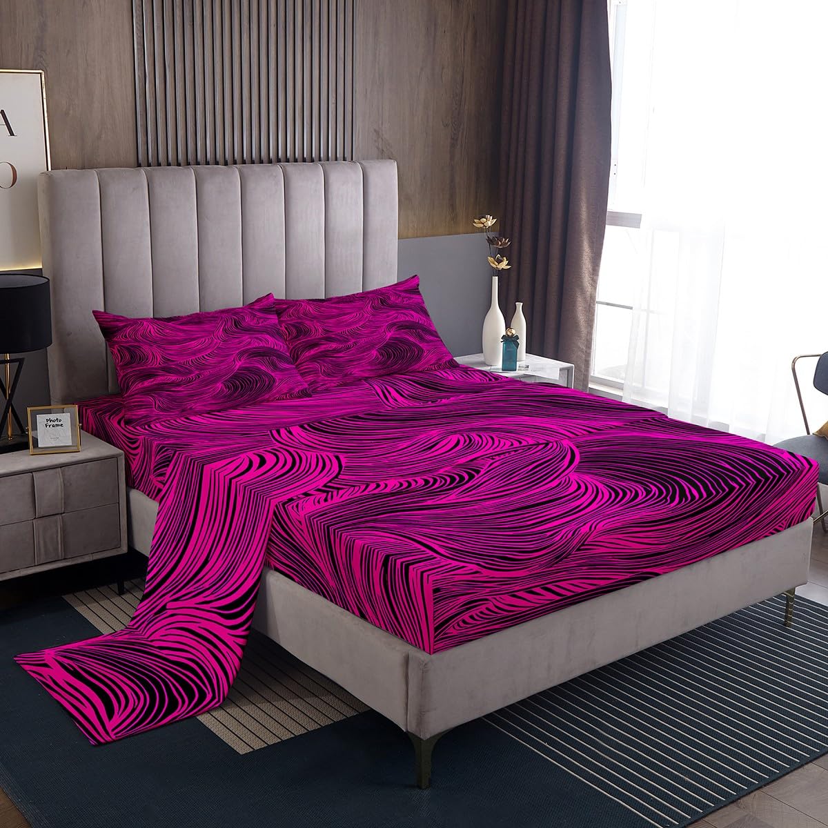 Feelyou Hot Pink Stripes Bed Sheets Set Geometric Sheet Set for Kids Boys Girls Teens Zebra Room Decor Abstract Art Sheets with Deep Pocket Fitted Sheet Queen Size Modern Striped Art Bedding Set 4Pcs
