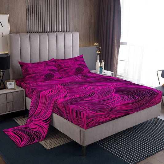 Feelyou Hot Pink Stripes Bed Sheets Set Geometric Sheet Set for Kids Boys Girls Teens Zebra Room Decor Abstract Art Sheets with Deep Pocket Fitted Sheet Queen Size Modern Striped Art Bedding Set 4Pcs