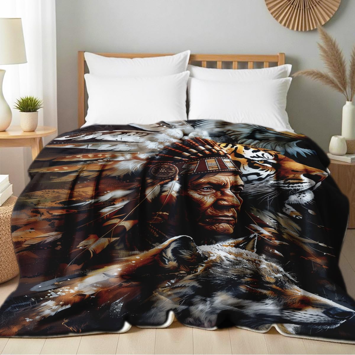 HUNXIAOJ Native American Flannel Blanket Indian Tribal Chief Print Blanket Throw for Couch Bed Soft Bedding Decor Native American Gifts for Boys Men Adults (49"x59")