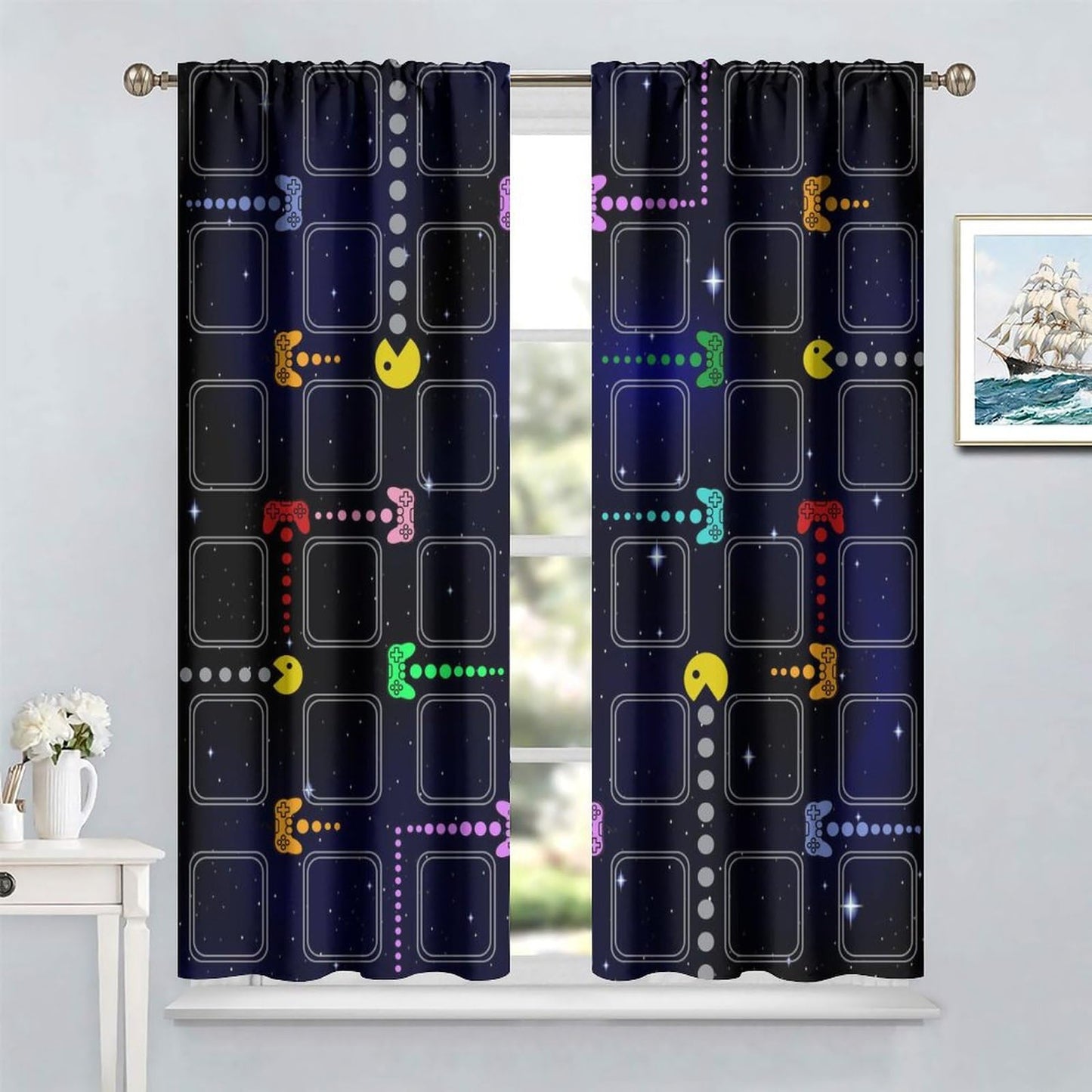 SENRUEGT Gaming Curtains for Boys Game Room Decor,Gamer Curtains for Teens Kids Star Universe Plaid Game Controller Print Window Treatments for Playrooms Bedroom 42x45 Inch, Style-2
