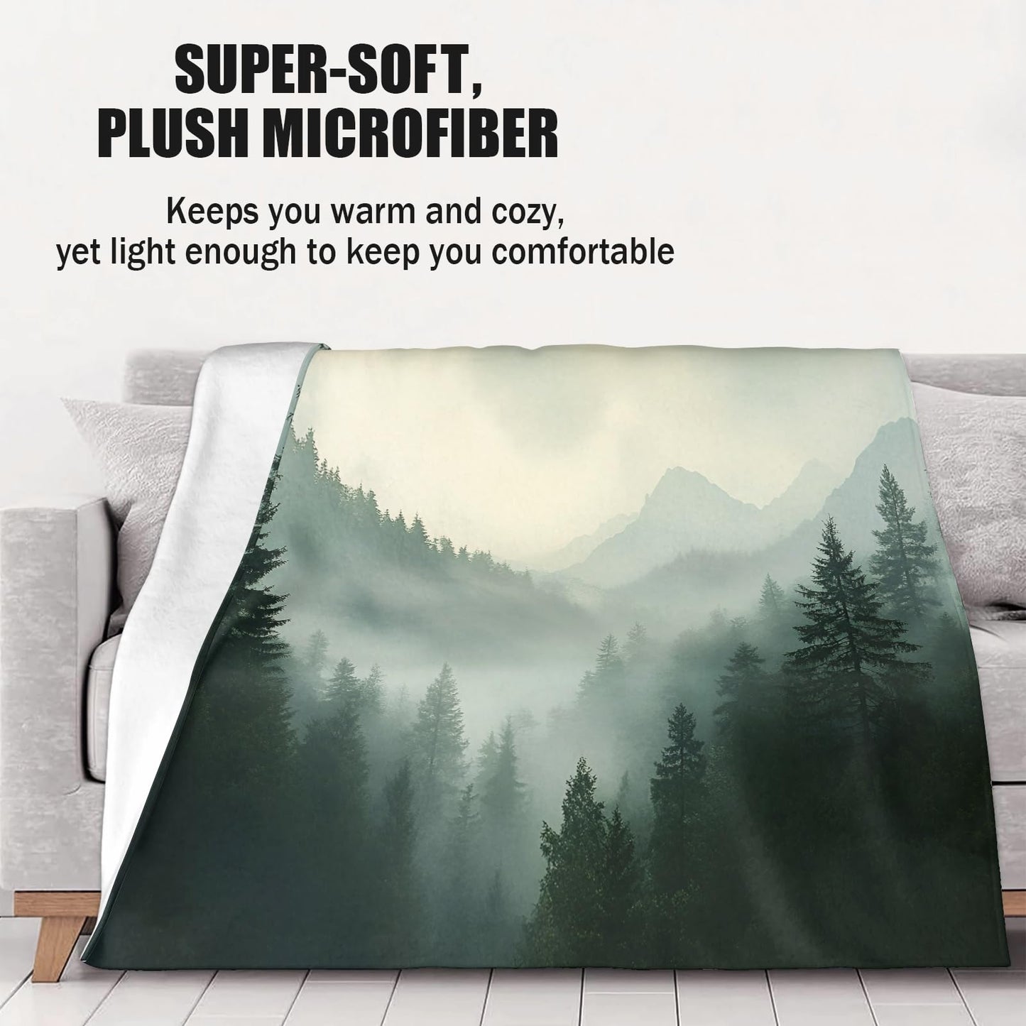 PAOABIU Foggy Forest Blankets, Misty Woodlands Throw Blanket for Couch Bed Sofa, Teal Blankets and Throws - Super Soft Cozy Plush Flannel Blanket Gifts & Decor, 66x90