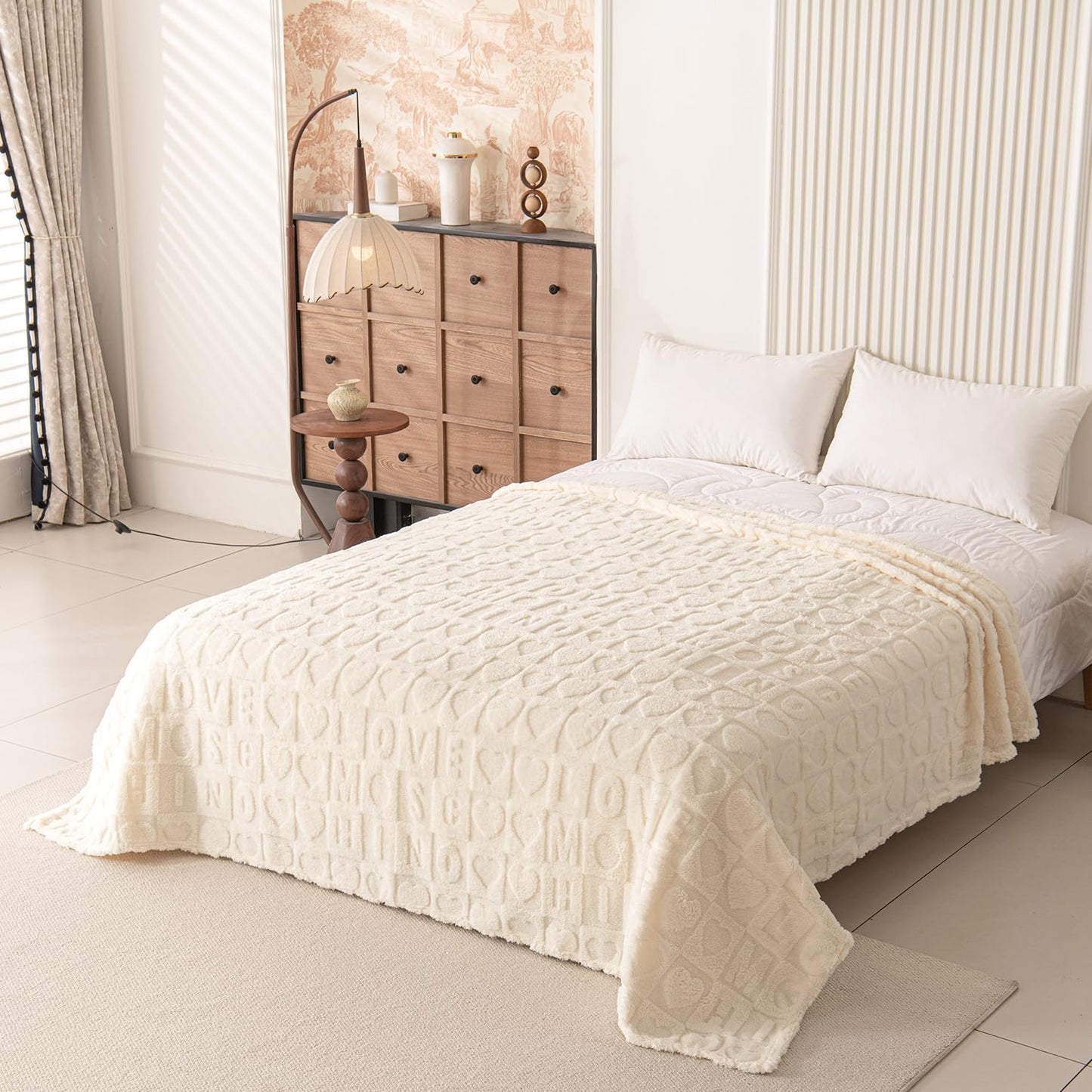 KOTTOMFY Neutral Beige Throw Blanket 80x90 Inches, Large Farmhouse Blanket Throw for Bed and Couch, Cozy Fall Blanket for Living Room Gifting