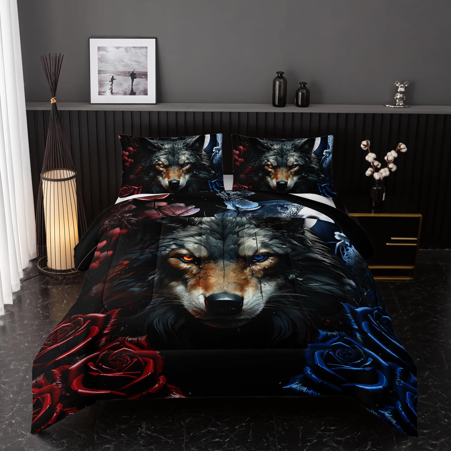 Nttopship Wolf Bedding Set Twin Size,Blue and Red Roses Comforter Set 3 Piece for Girls Boys Kids Teens,Wildlife Bed in a Bag Sets 3D Wild Animal Print Bedding Set Comforter with 2 Pillowcase