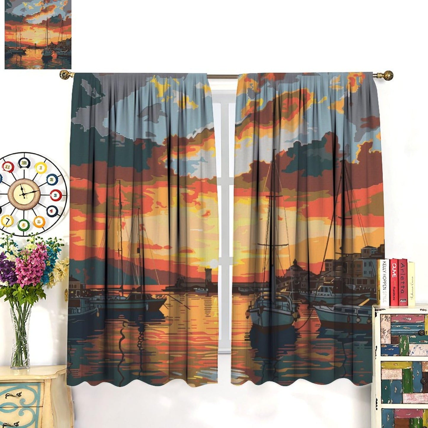 TOWINSFB Anime Ocean Sunset Sky Blackout Curtains, Nautical Sailboat Coastal Scenery Home Decor Rod Pocket Window Drapes for Living Room Bedroom - 42" W x 63" L