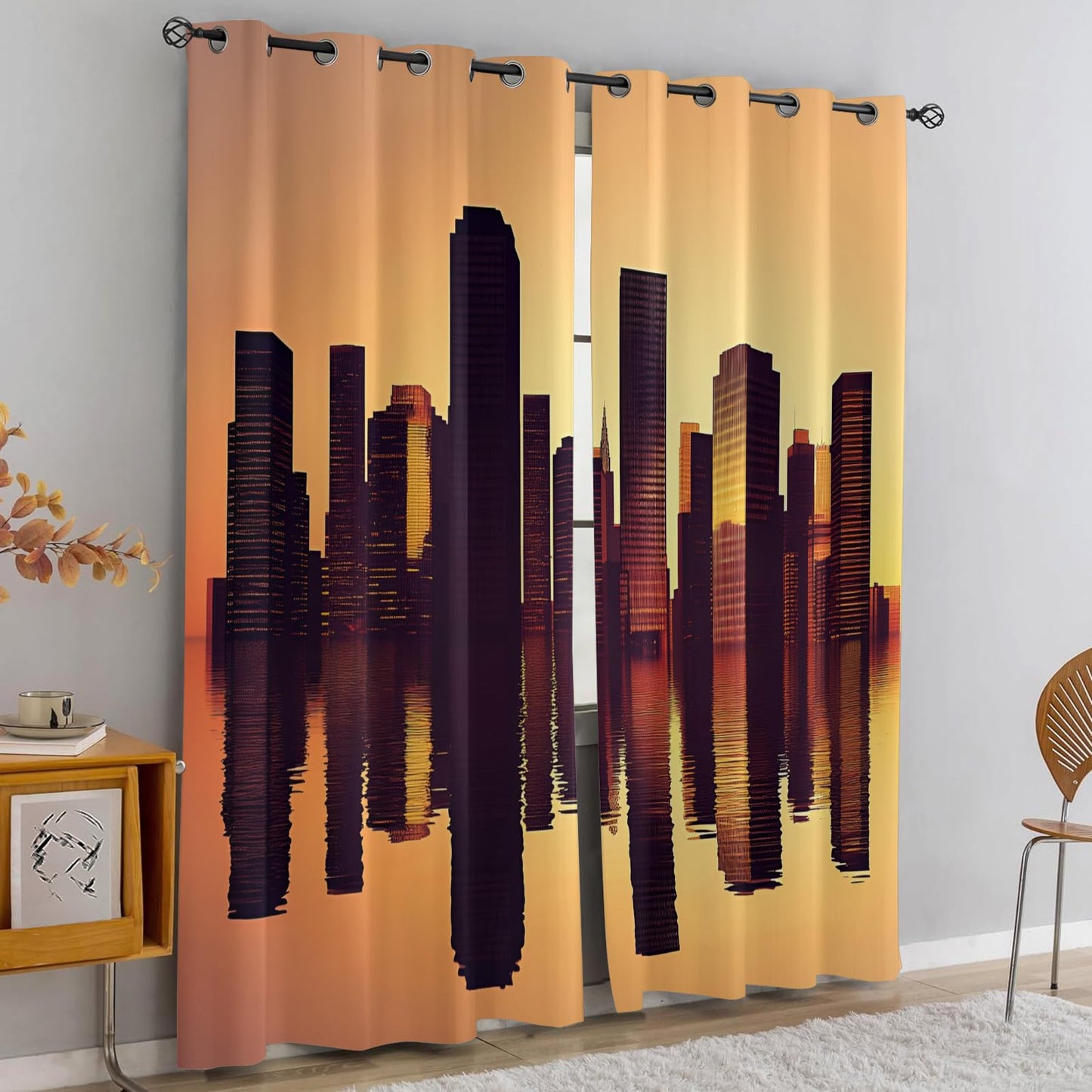 XAFIAUR City Skyscrapers Blackout Curtains, Skyline Curtains for Living Room, Sunset Reflections Black Out Bedroom Curtain Thermal Insulated Grommet Drapes 2 Panels, for Boys Room 31.5" W x 45" L x2